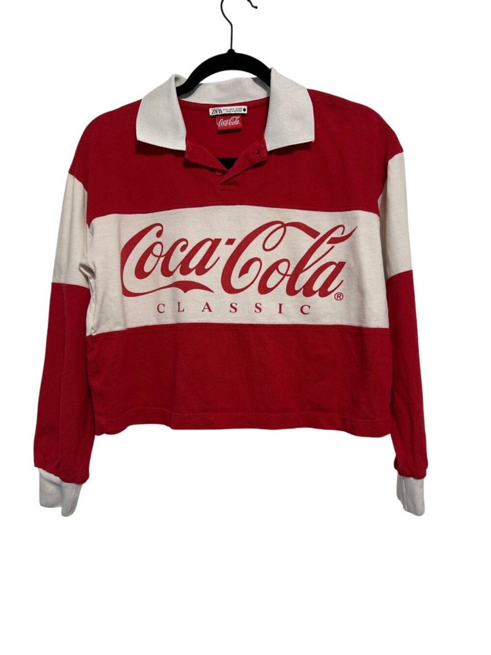 Zara x Coca Cola Red and White Cropped Rugby Shirt
